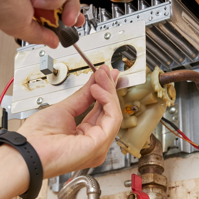 plumber hands close up with screwdriver repairing boiler