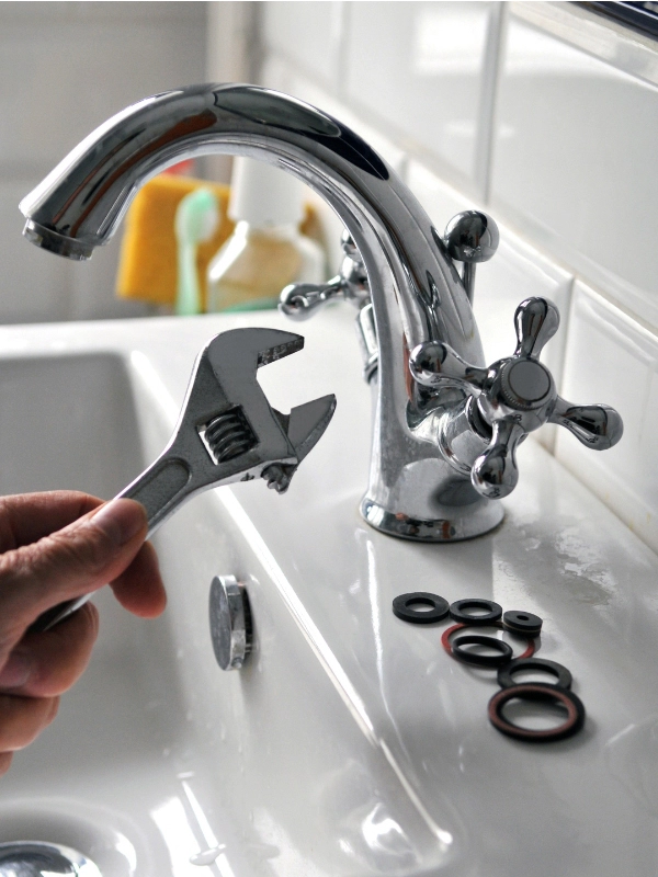 plumber hands with plumbing wrench installing new bathroon faucet montvale nj